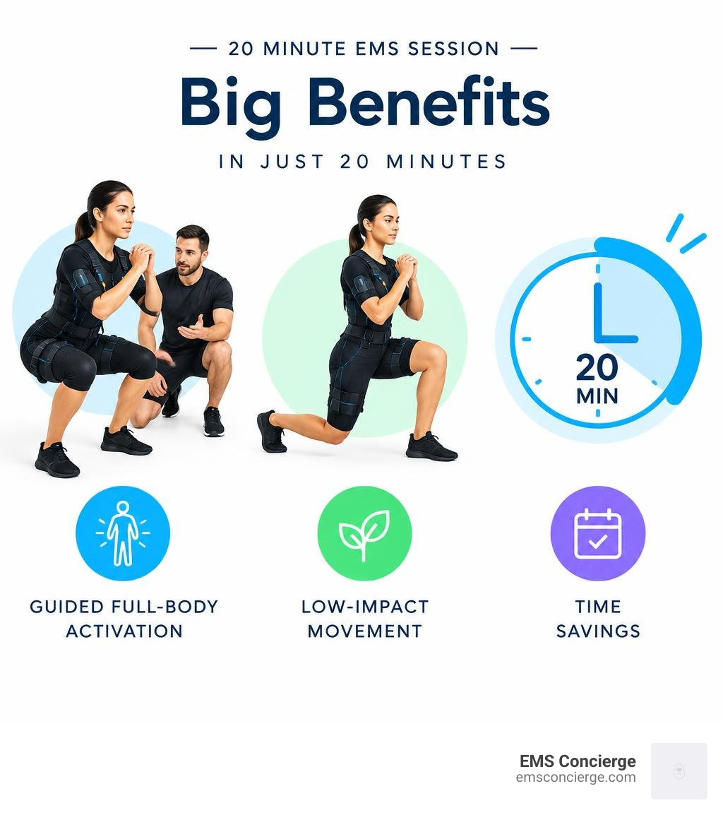 20 minute EMS session benefits: guided full-body activation, low-impact movement, and time savings infographic 20 minute EMS session benefits: guided full-body activation, low-impact movement, and time savings infographic