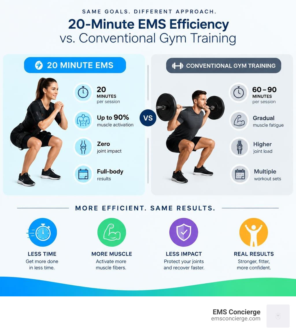 Comparison of 20-minute EMS efficiency versus conventional gym training infographic Comparison of 20-minute EMS efficiency versus conventional gym training infographic