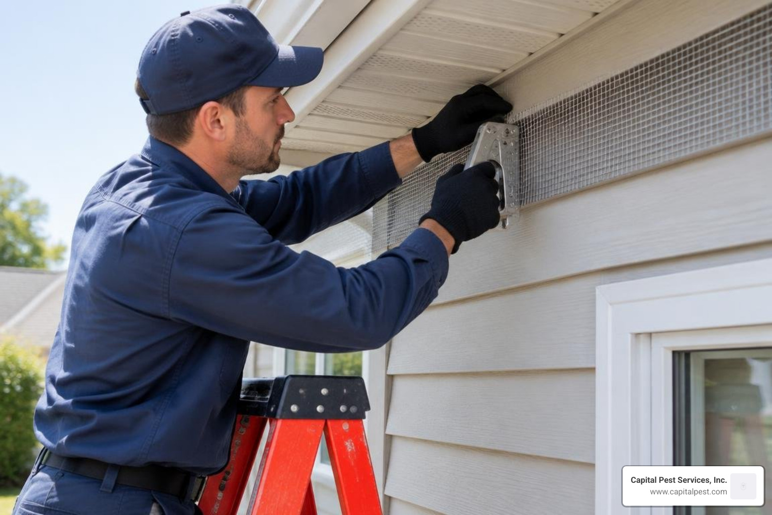 Pest control technician installing wire mesh over exterior structural gaps Pest control technician installing wire mesh over exterior structural gaps