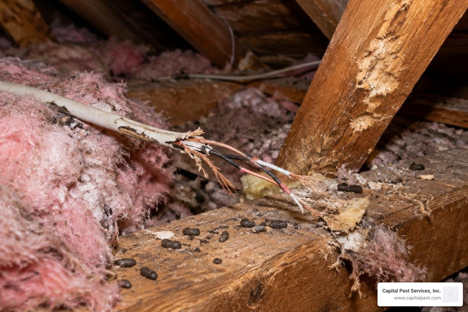 Damaged attic insulation and chewed electrical wiring from rodents Damaged attic insulation and chewed electrical wiring from rodents