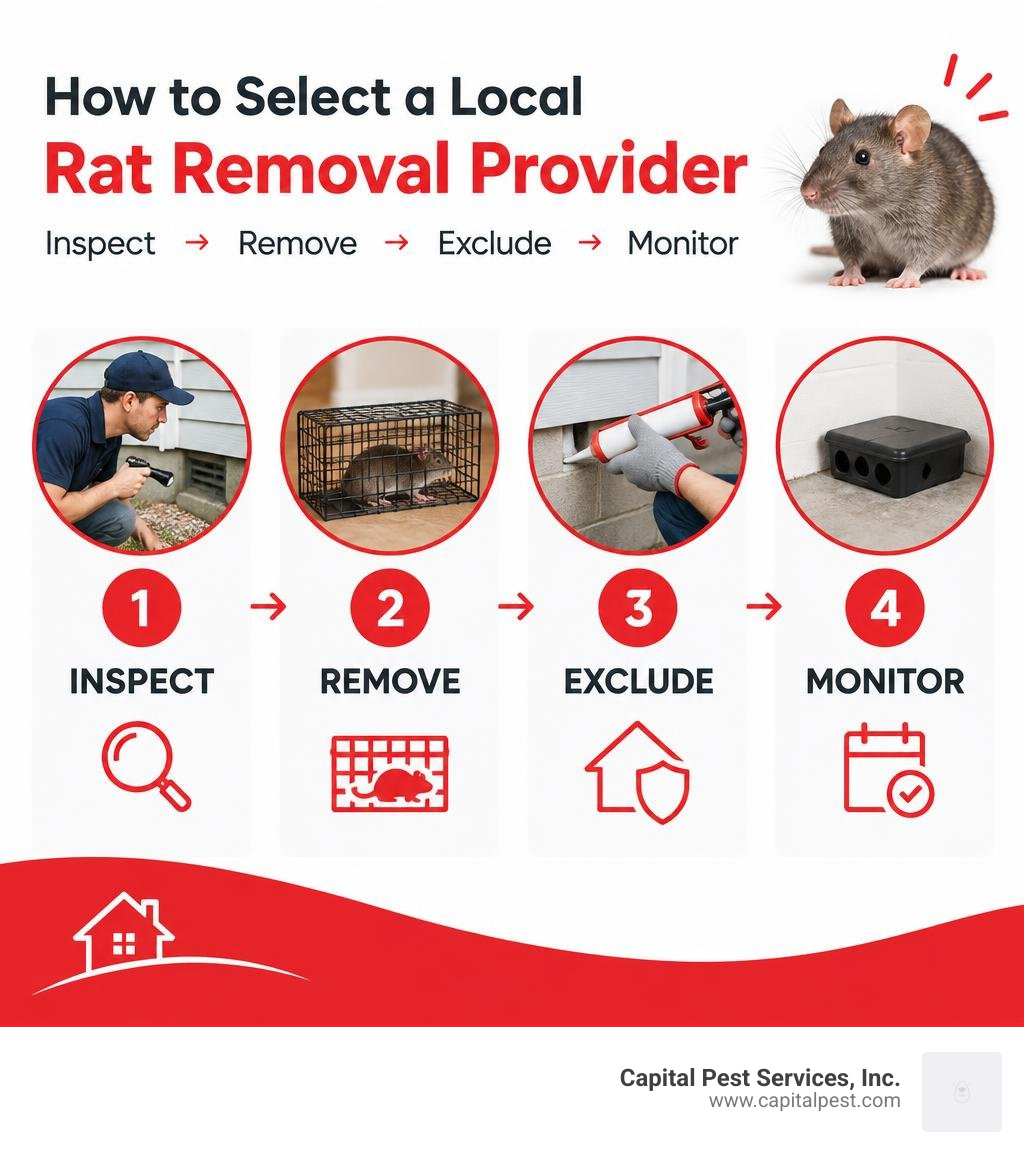 How to select a local rat removal provider: inspect, remove, exclude, monitor infographic How to select a local rat removal provider: inspect, remove, exclude, monitor infographic