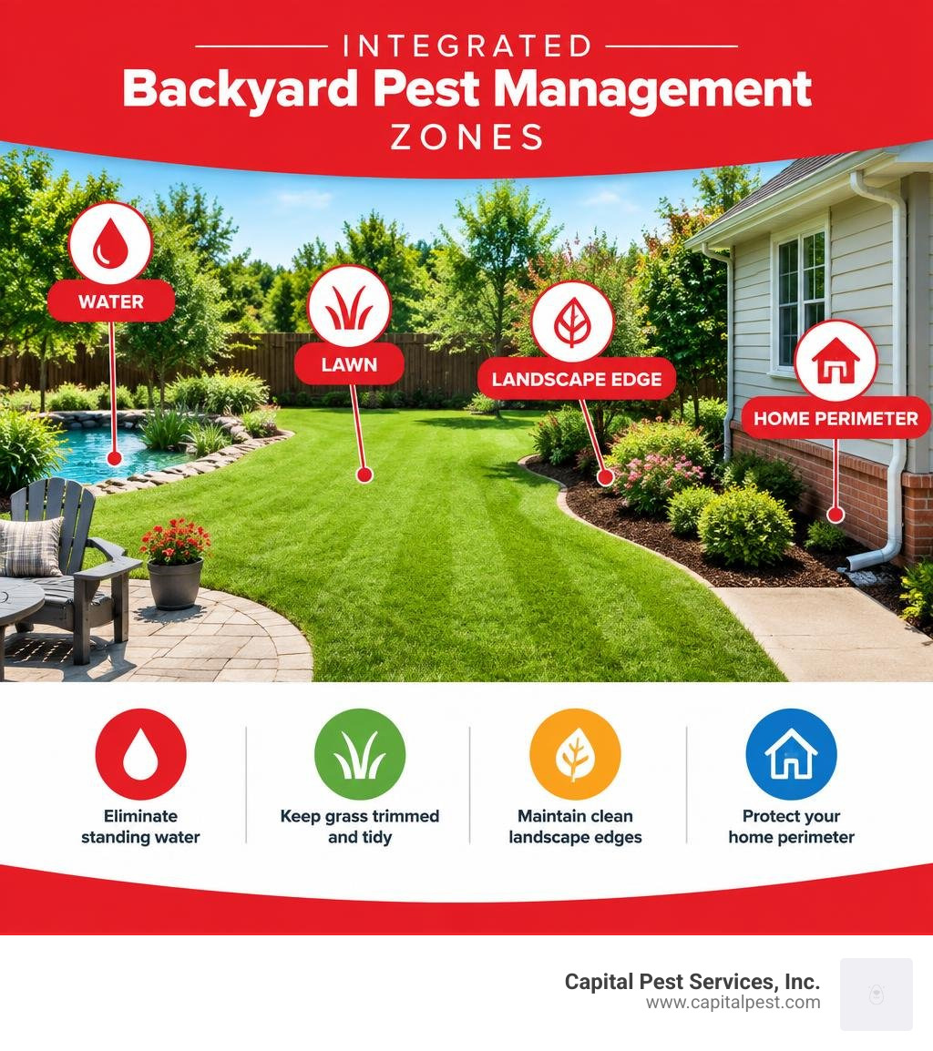 Integrated backyard pest management zones: water, lawn, landscape edge, and home perimeter infographic