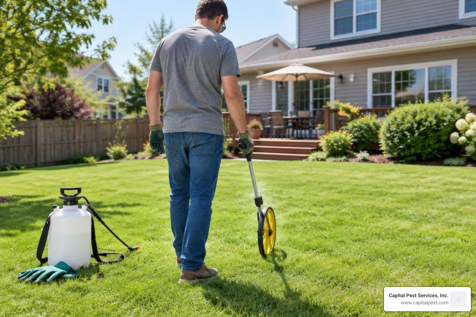Homeowner safely measuring yard area before applying bug spray