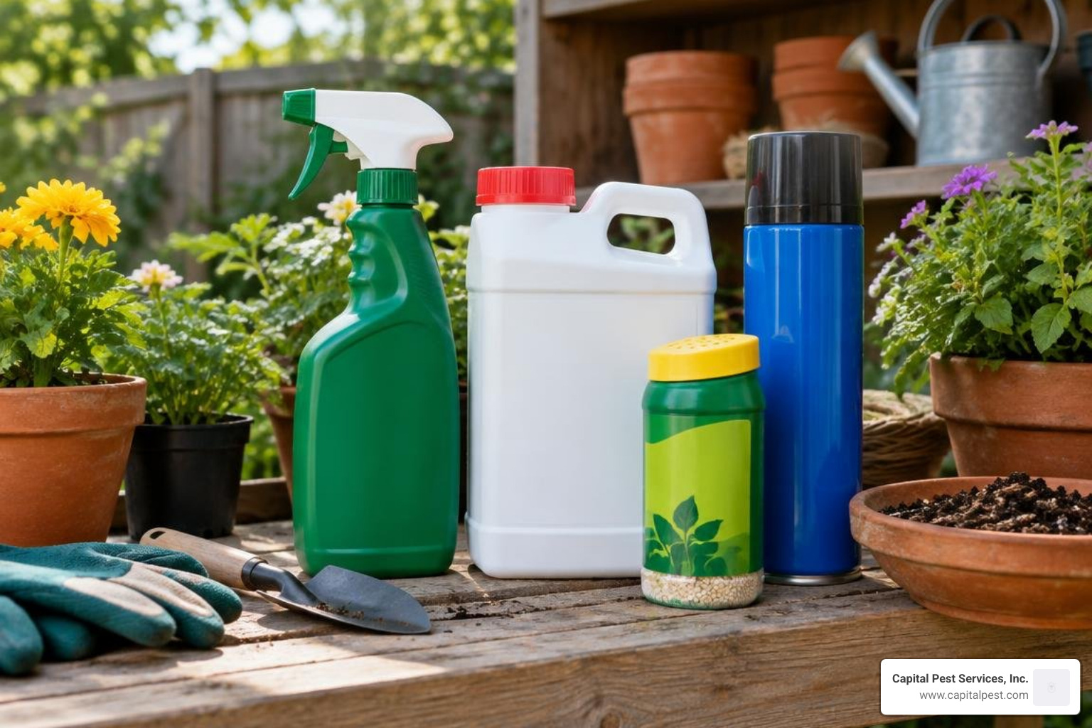 Outdoor insect control product types on a potting bench