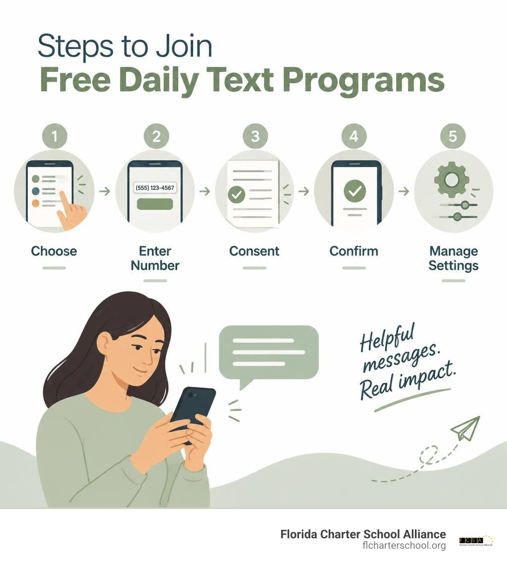 Steps to join free daily text programs: choose, enter number, consent, confirm, manage settings infographic Steps to join free daily text programs: choose, enter number, consent, confirm, manage settings infographic