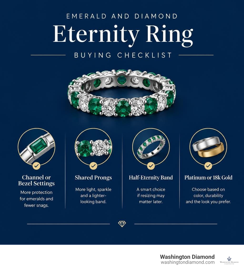 Emerald and diamond eternity ring buying checklist infographic