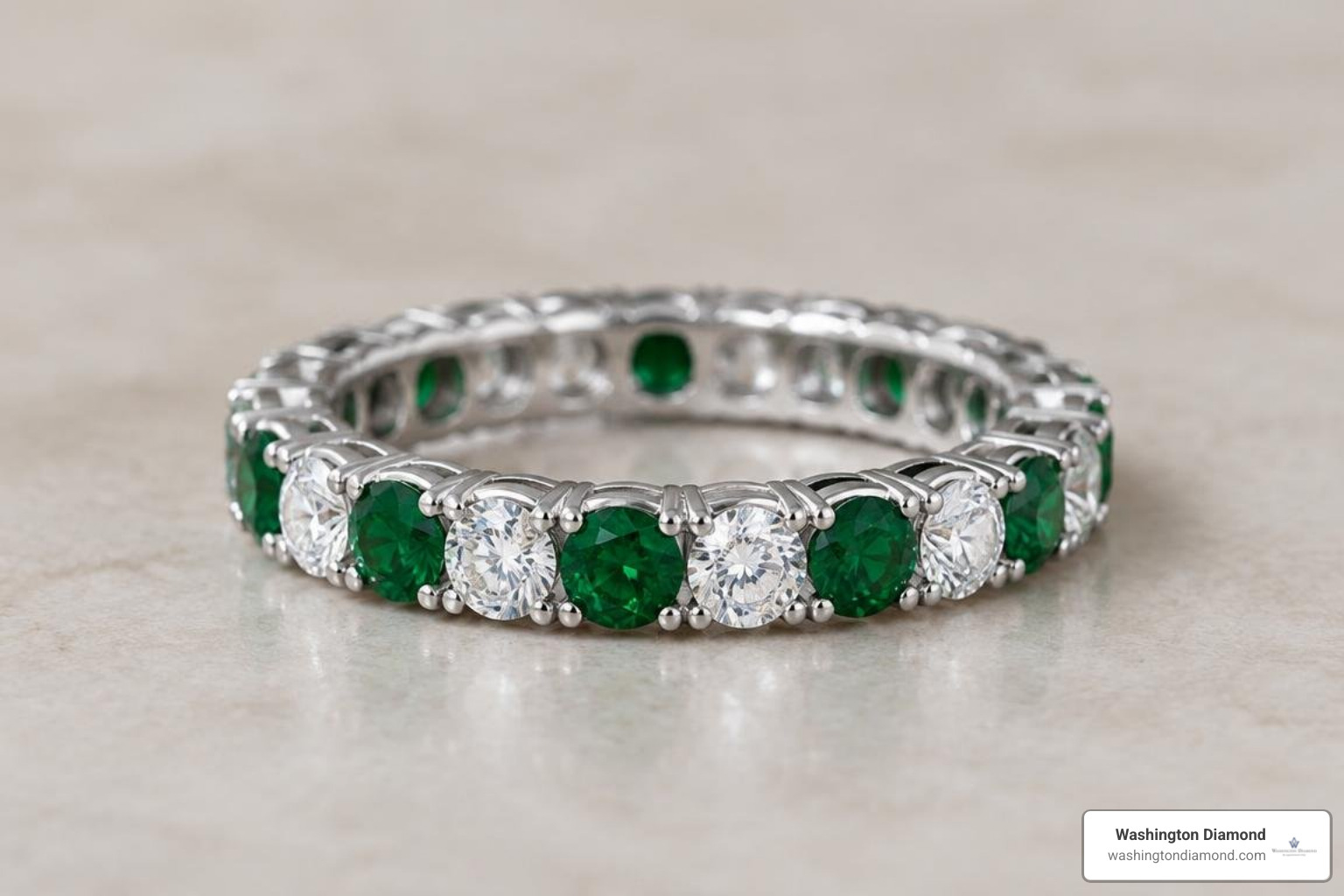 classic full eternity band featuring vivid green emeralds and brilliant diamonds