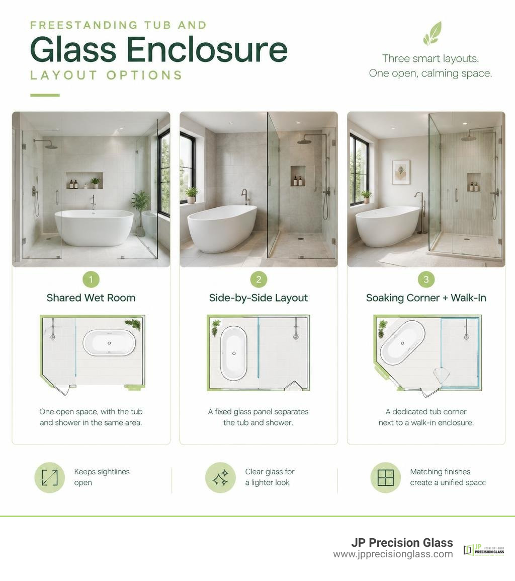 Freestanding tub and glass enclosure layout options infographic Freestanding tub and glass enclosure layout options infographic