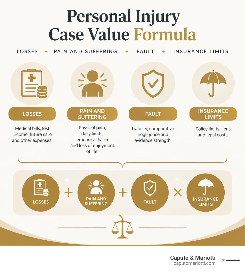 Personal injury case value formula: losses, pain and suffering, fault, and insurance limits infographic Personal injury case value formula: losses, pain and suffering, fault, and insurance limits infographic