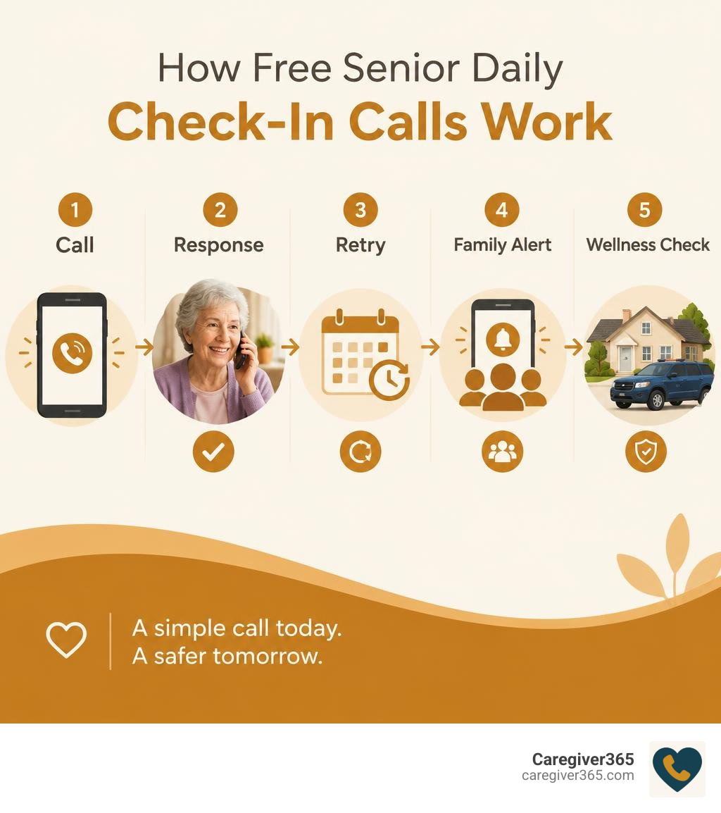 How free senior daily check-in calls work: call, response, retry, family alert, wellness check infographic