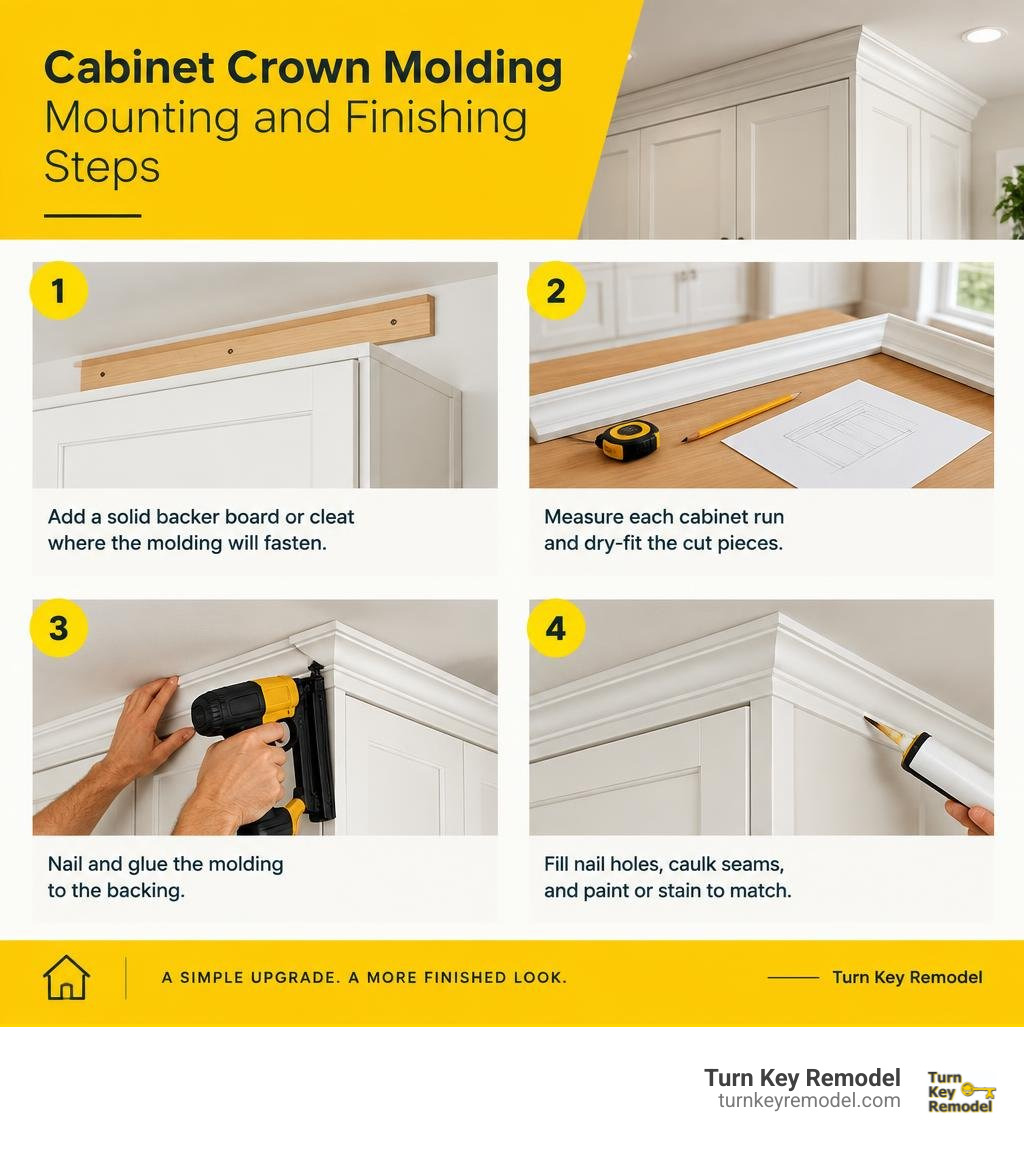 Cabinet crown molding mounting and finishing steps infographic Cabinet crown molding mounting and finishing steps infographic