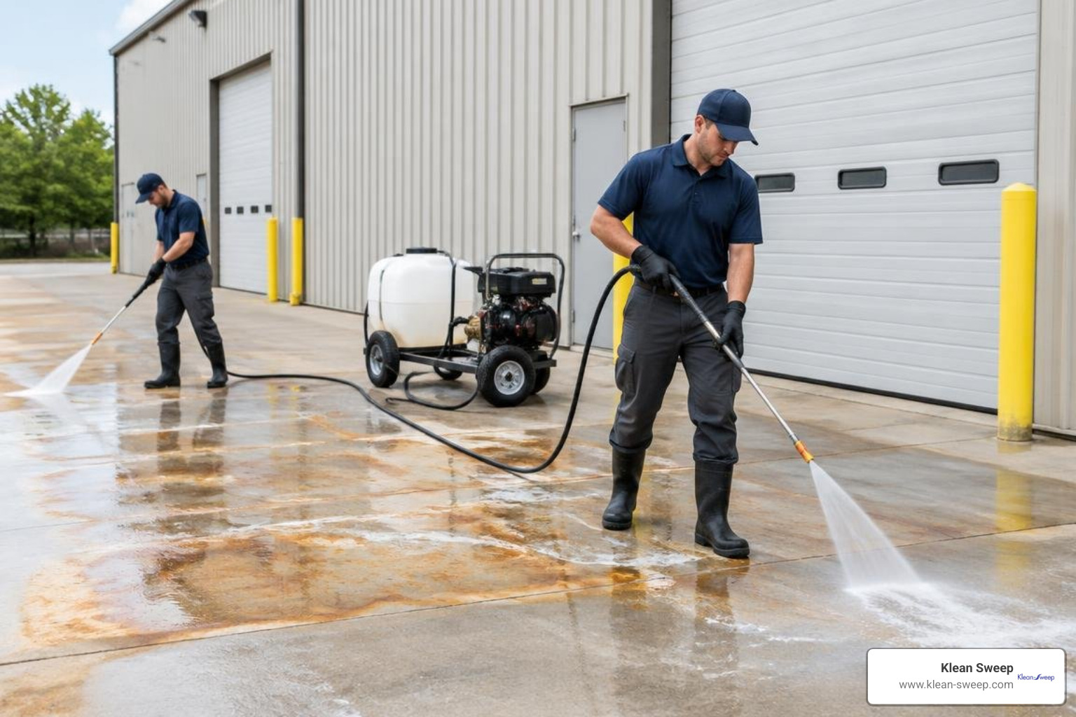 Commercial pressure washing team applying uniform rust treatment to warehouse pad