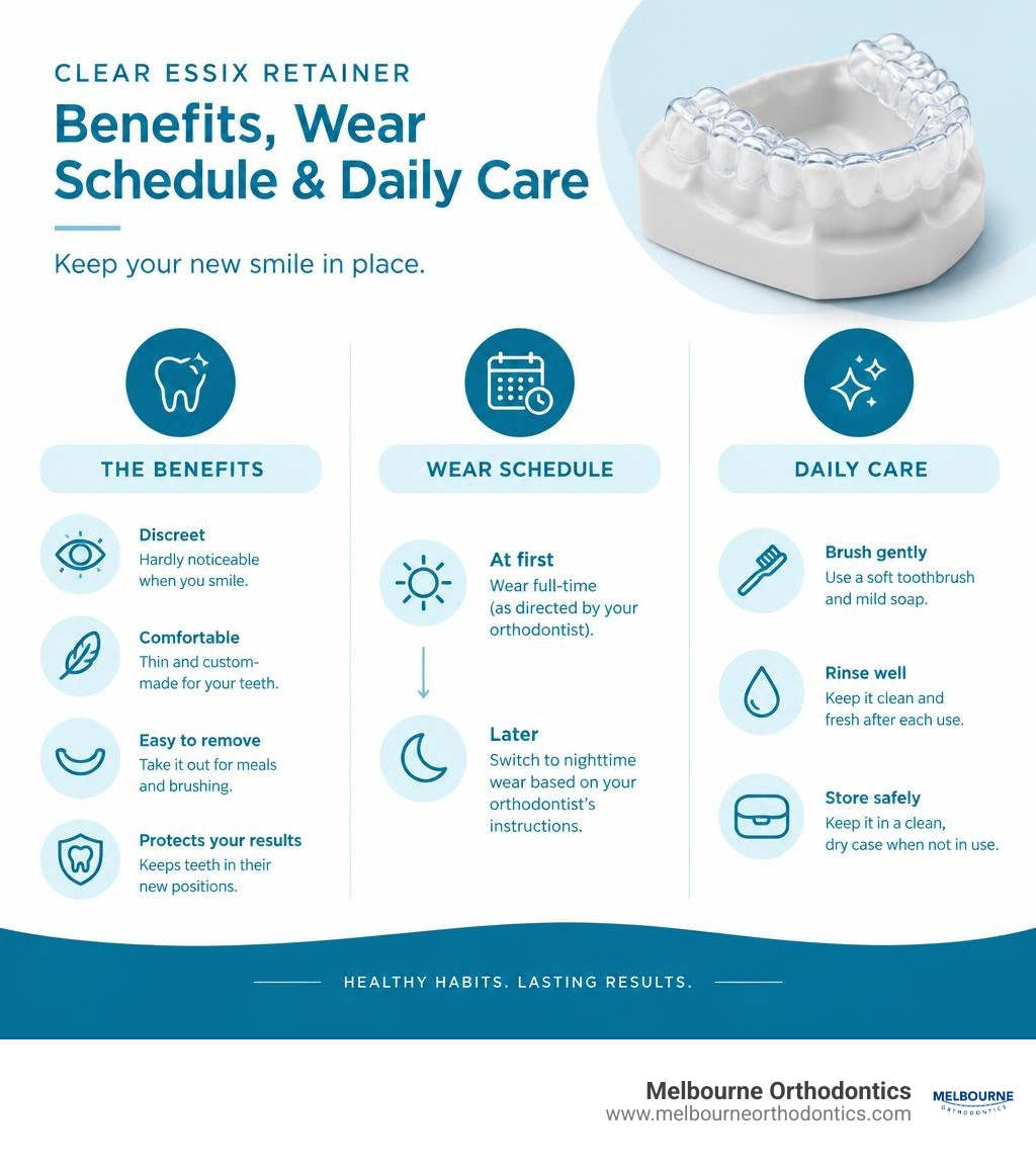 Clear Essix retainer benefits, wear schedule, and daily care infographic