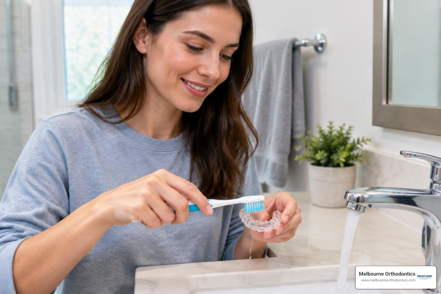 patient cleaning clear retainer with soft toothbrush