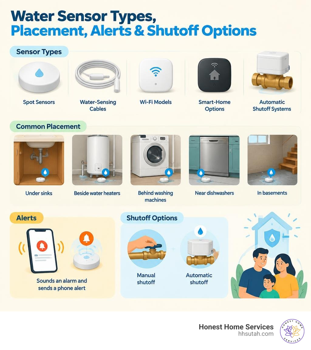 Water sensor types placement alerts and shutoff options infographic Water sensor types placement alerts and shutoff options infographic