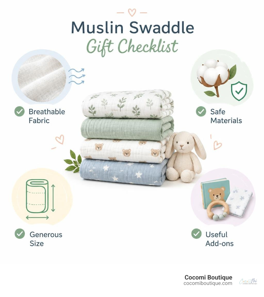 Muslin swaddle gift checklist: breathable fabric, safe materials, generous size, useful add-ons infographic