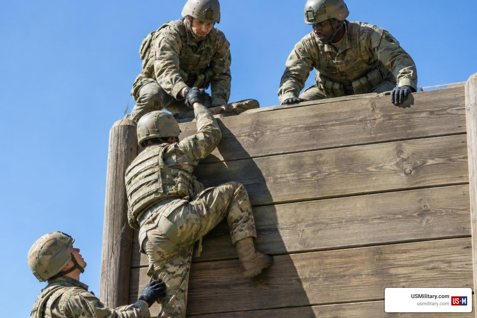 United States military service members overcoming an obstacle course United States military service members overcoming an obstacle course