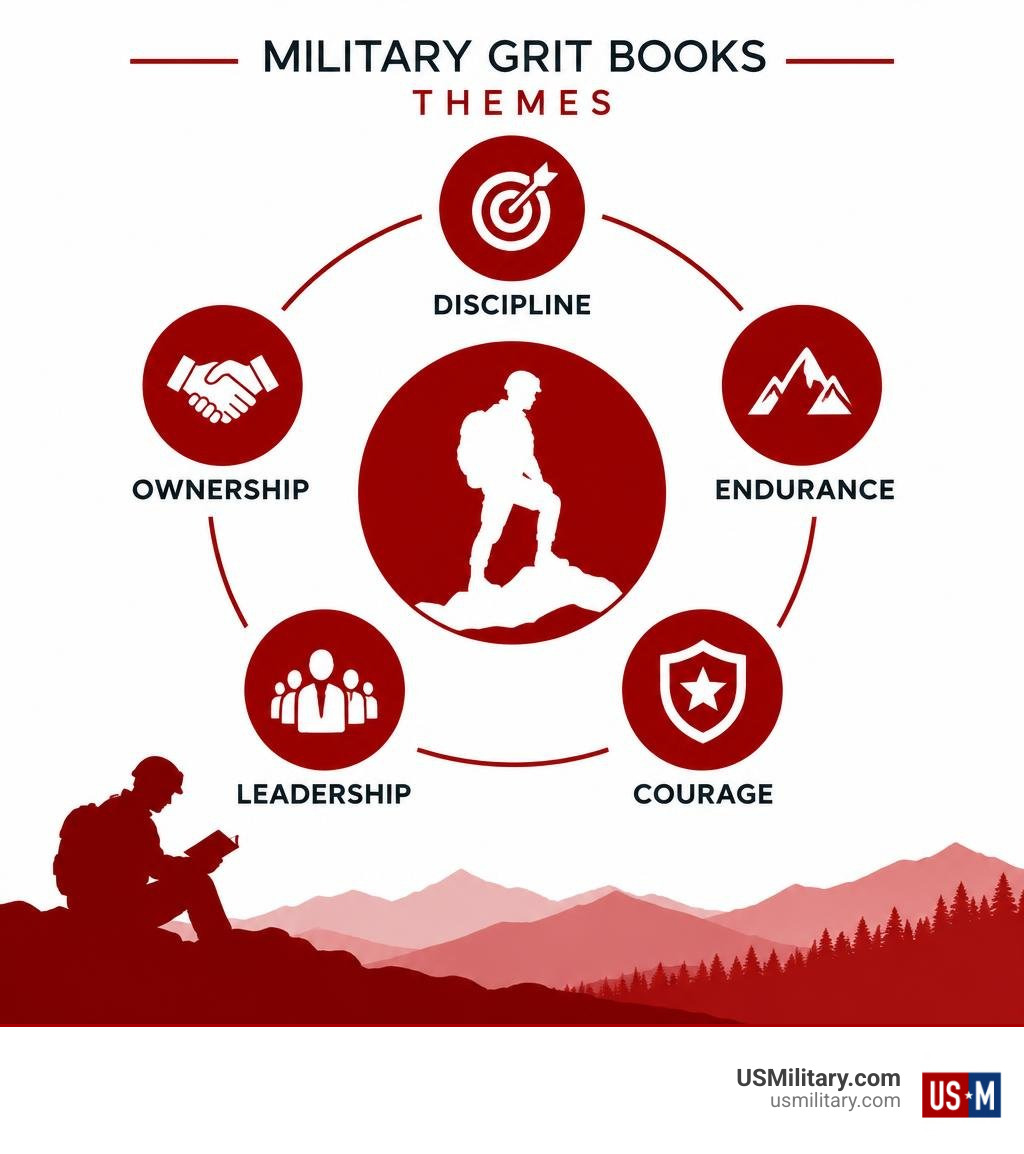 Military grit books themes: discipline, ownership, endurance, leadership, courage infographic