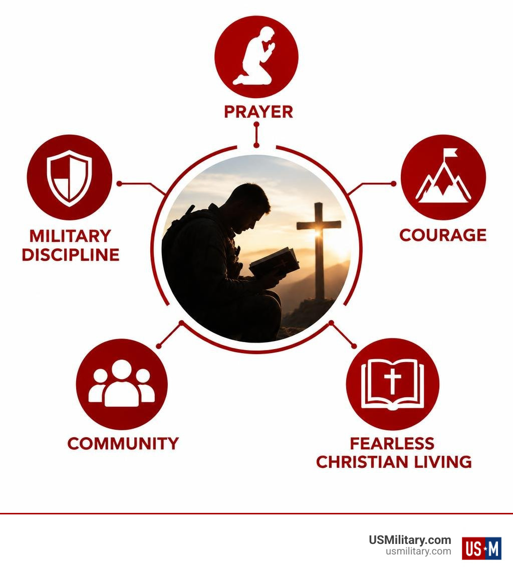 Infographic comparing military discipline, prayer, courage, community, and fearless Christian living infographic Infographic comparing military discipline, prayer, courage, community, and fearless Christian living infographic