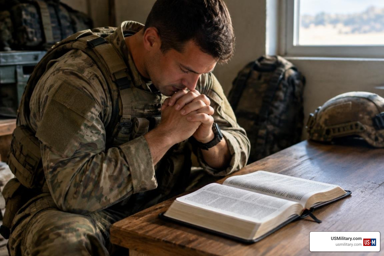 Tactical gear and open Bible illustrating spiritual warfare Tactical gear and open Bible illustrating spiritual warfare