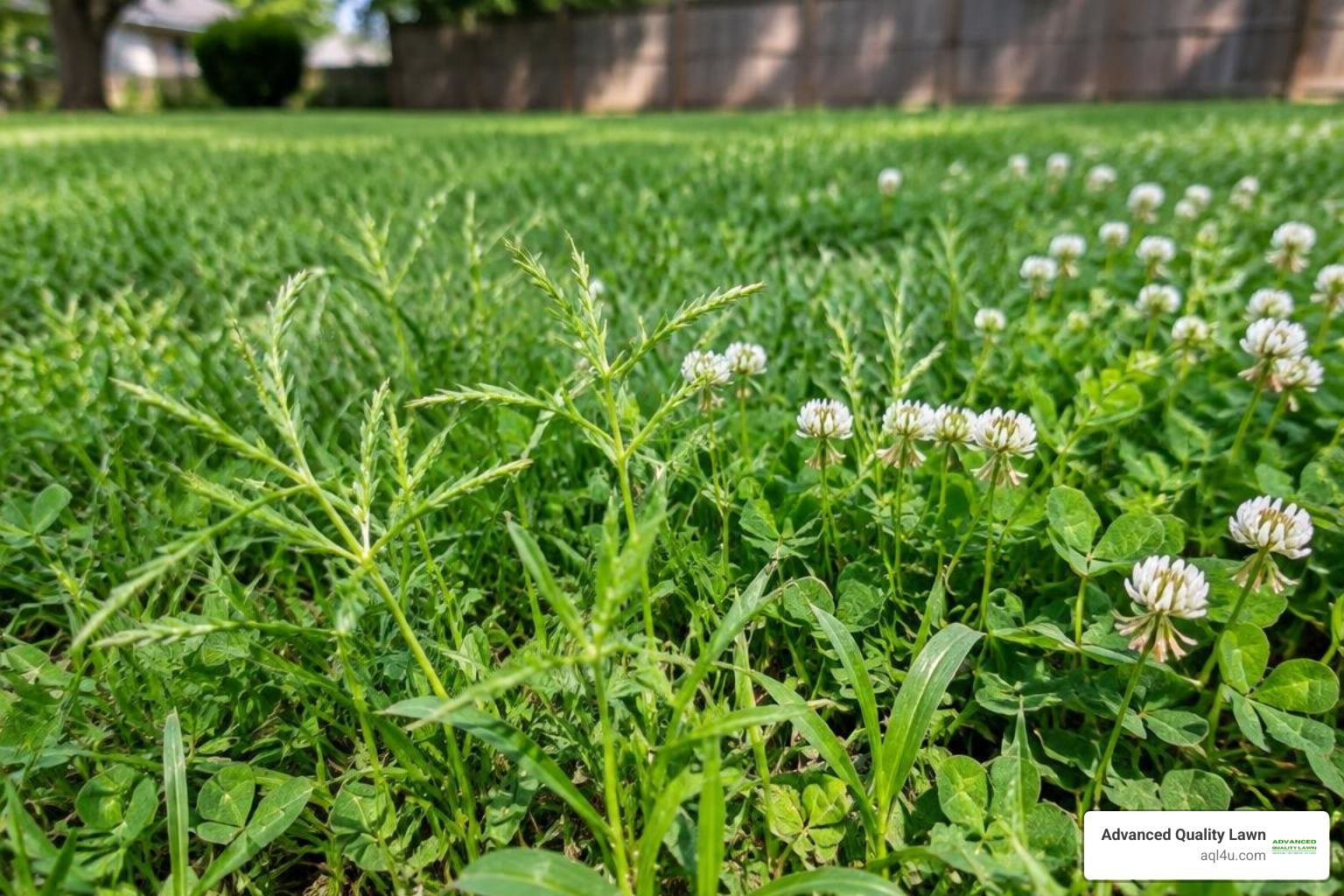 Crabgrass tillers growing alongside flowering white clover Crabgrass tillers growing alongside flowering white clover