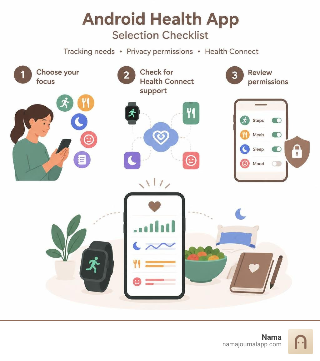 Android health app selection checklist: tracking needs, privacy permissions, and Health Connect infographic Android health app selection checklist: tracking needs, privacy permissions, and Health Connect infographic
