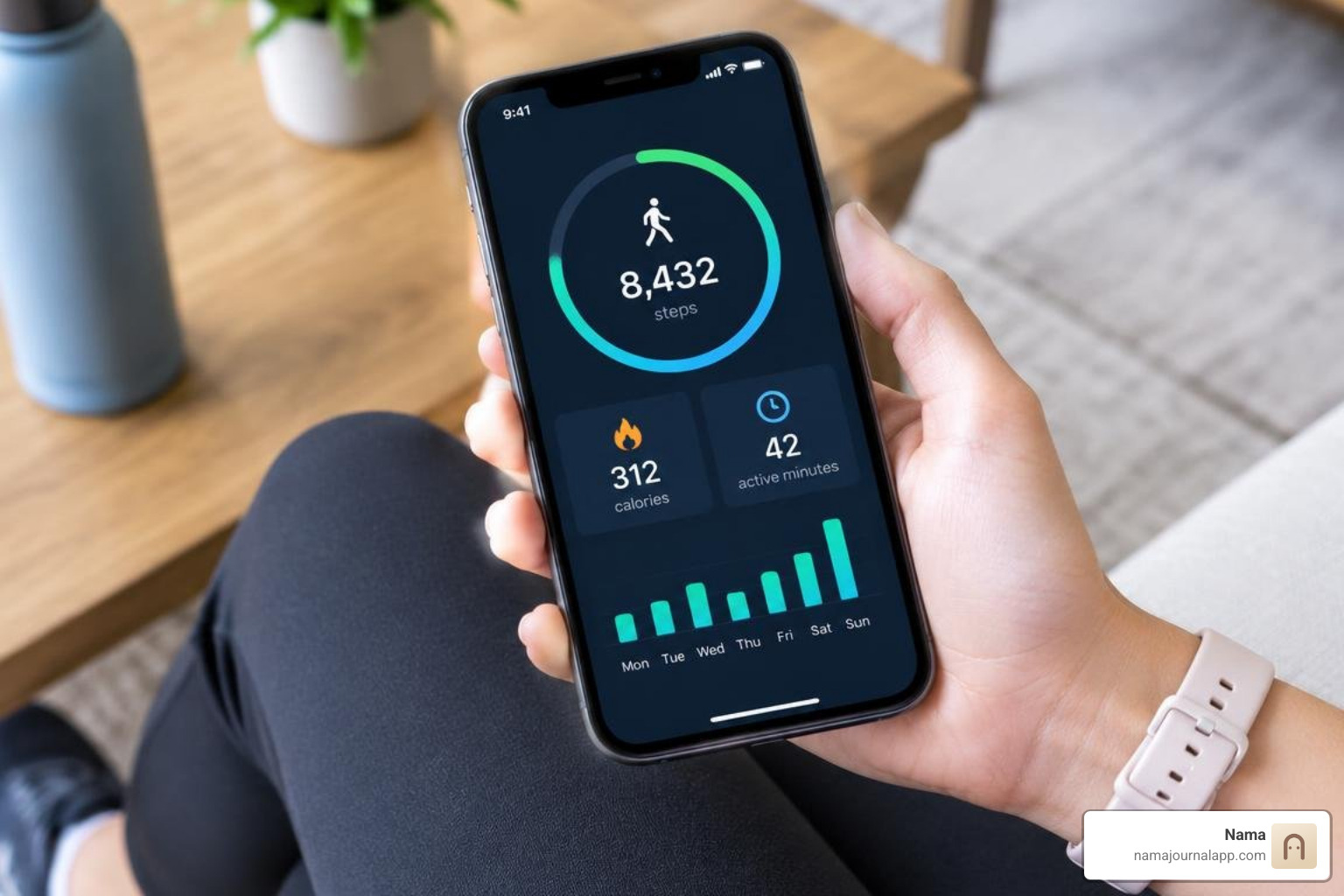 Activity tracking metrics, step counts, and active minutes on a modern smartphone screen Activity tracking metrics, step counts, and active minutes on a modern smartphone screen