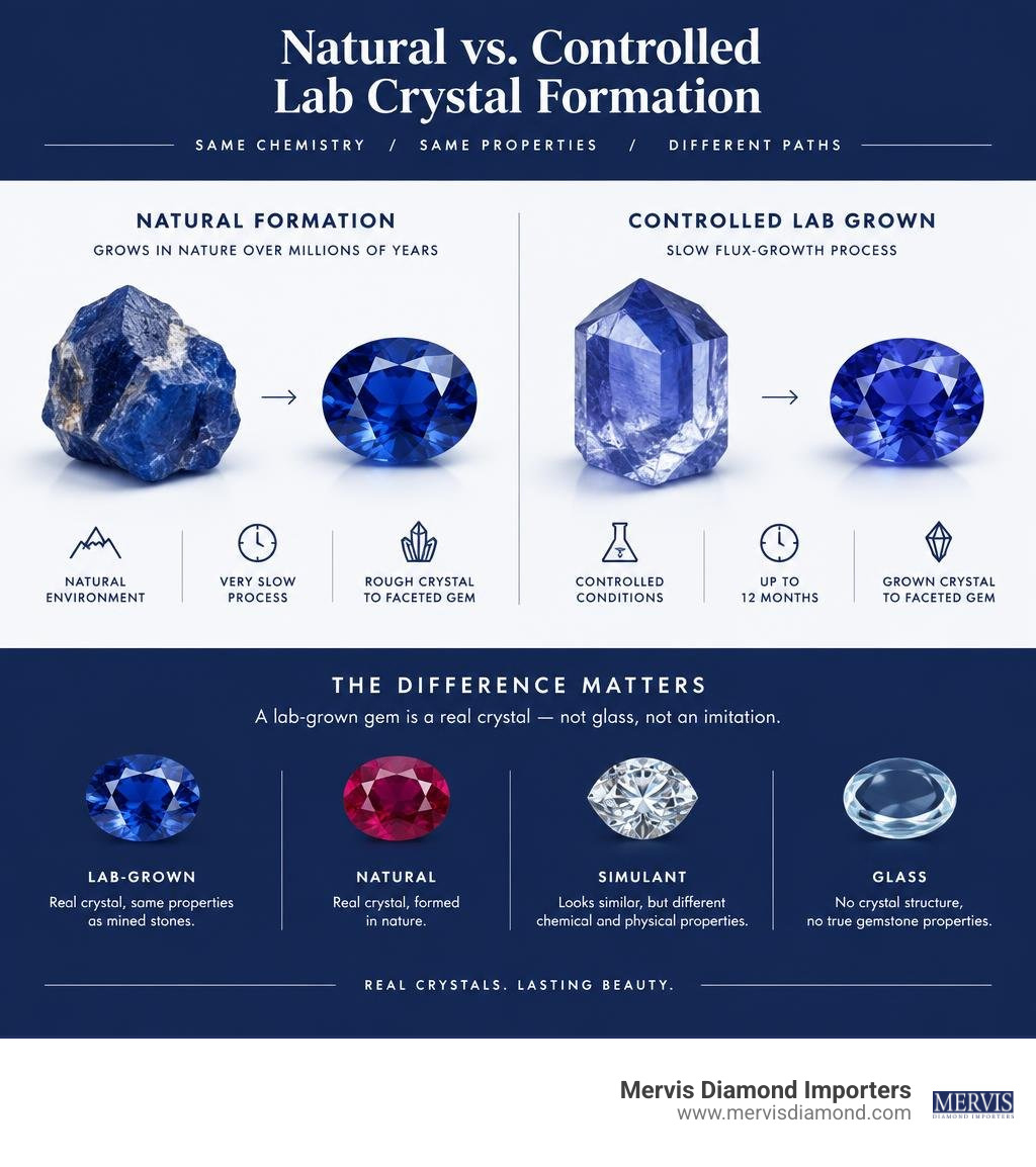 Natural versus controlled lab crystal formation comparison infographic