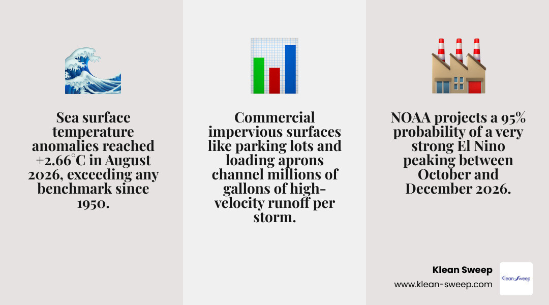 Super El Niño storm timeline and rainfall impact on commercial drainage systems infographic Super El Niño storm timeline and rainfall impact on commercial drainage systems infographic