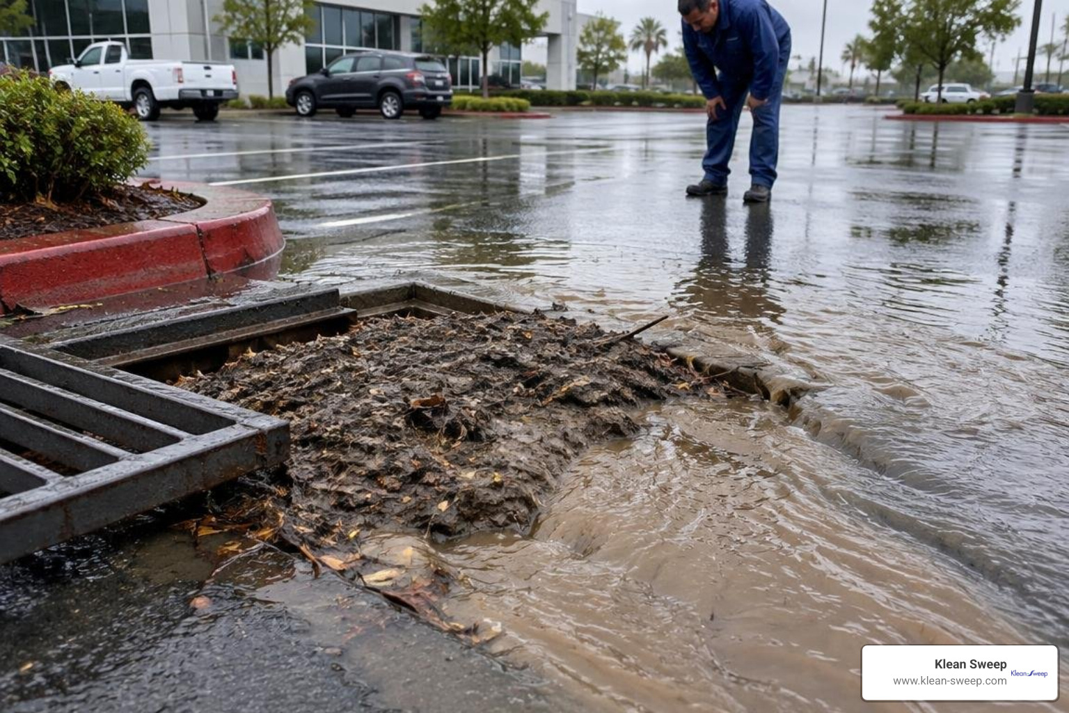 commercial catch basin blocked by silt and debris overflowing on an exterior parking area commercial catch basin blocked by silt and debris overflowing on an exterior parking area