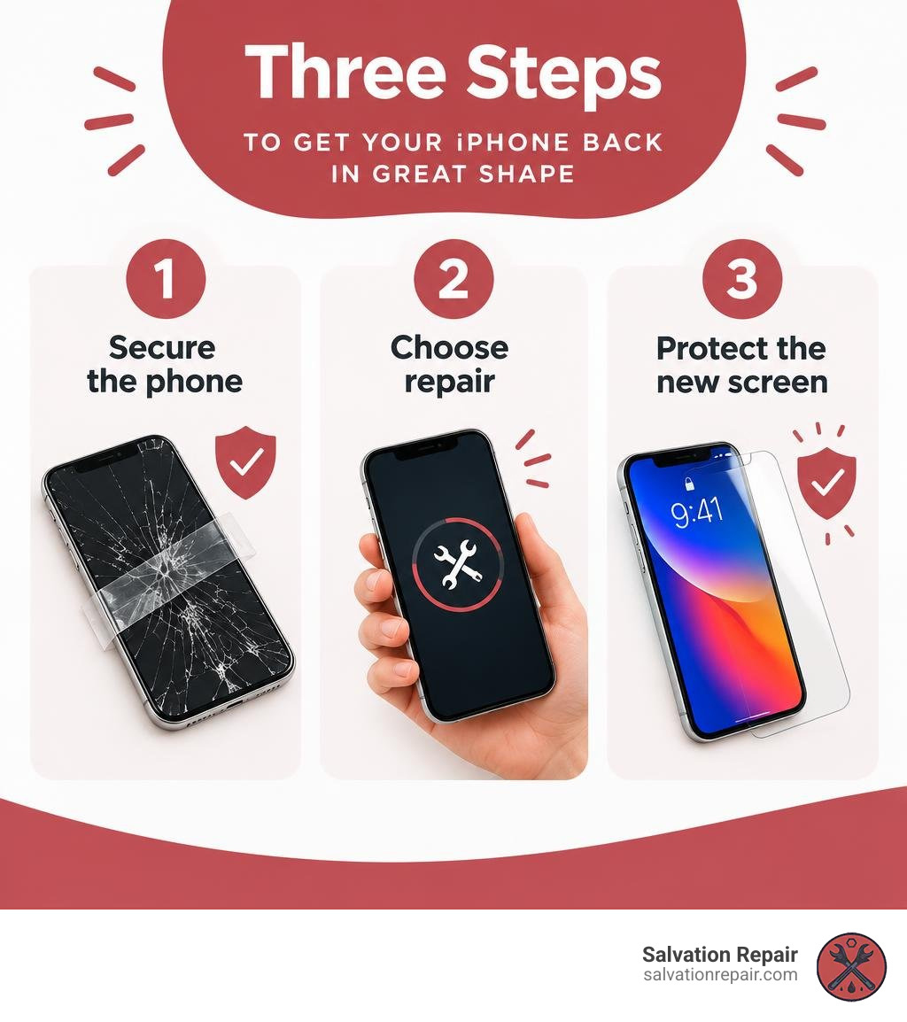Three steps: secure the phone, choose repair, protect the new screen infographic Three steps: secure the phone, choose repair, protect the new screen infographic