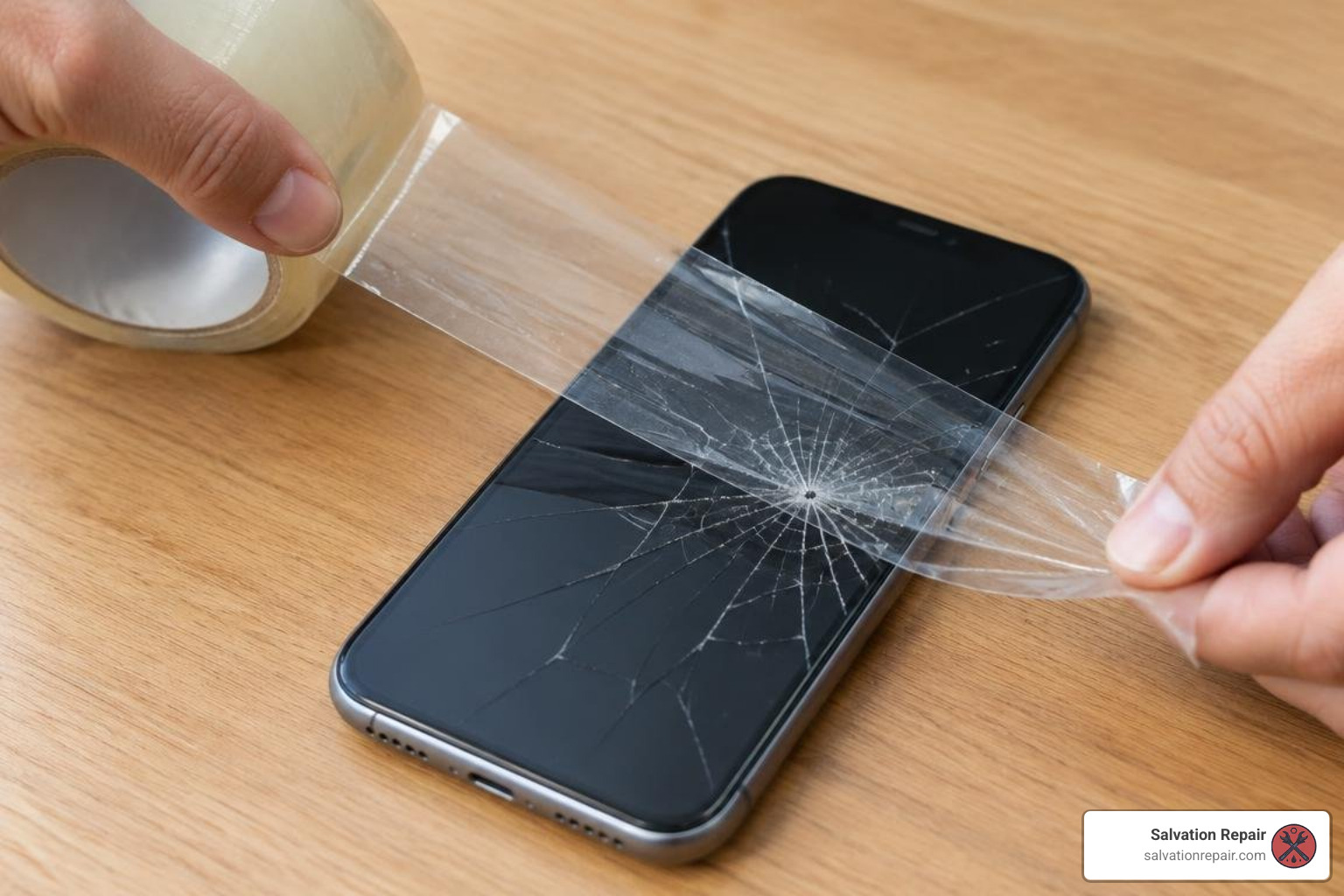 packing tape applied across cracked screen glass packing tape applied across cracked screen glass