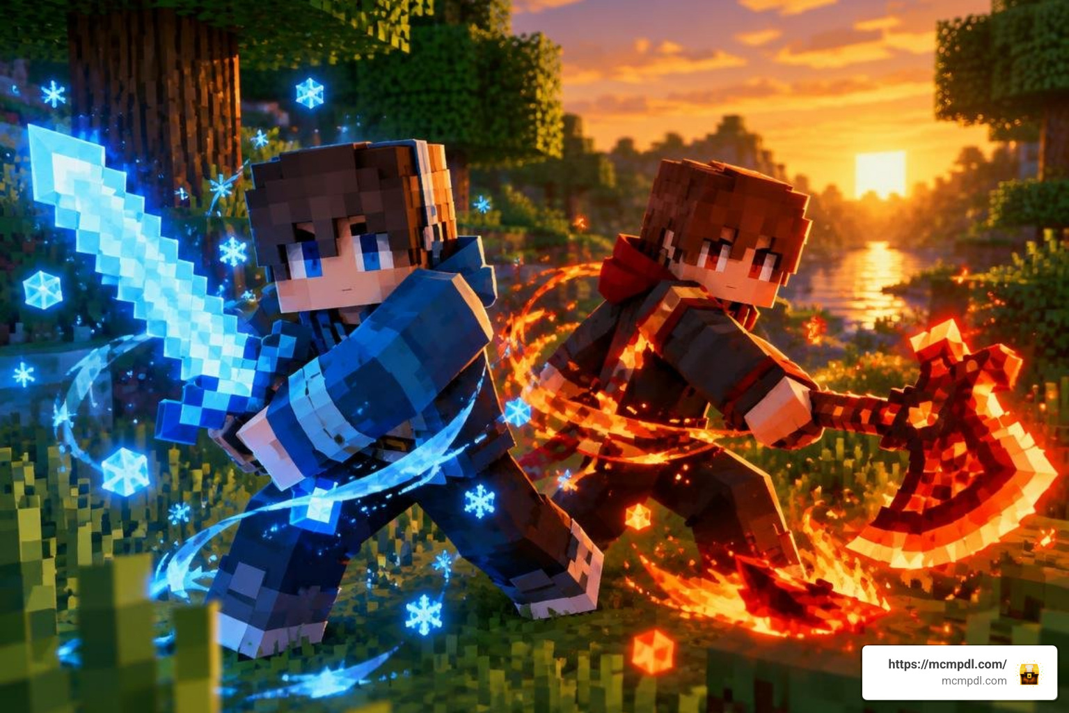 Minecraft Bedrock players with glowing elemental weapons Minecraft Bedrock players with glowing elemental weapons