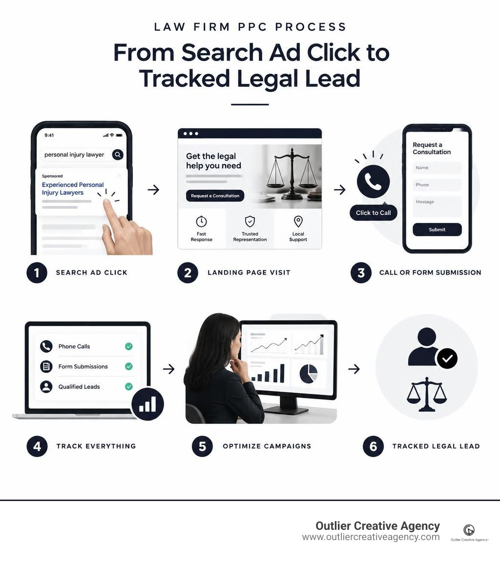 Law firm PPC process from search ad click to tracked legal lead infographic