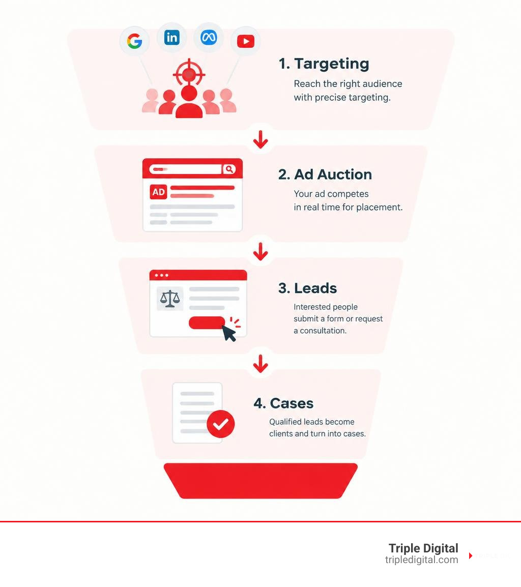 Paid online advertising funnel from targeting and ad auction to leads and cases infographic