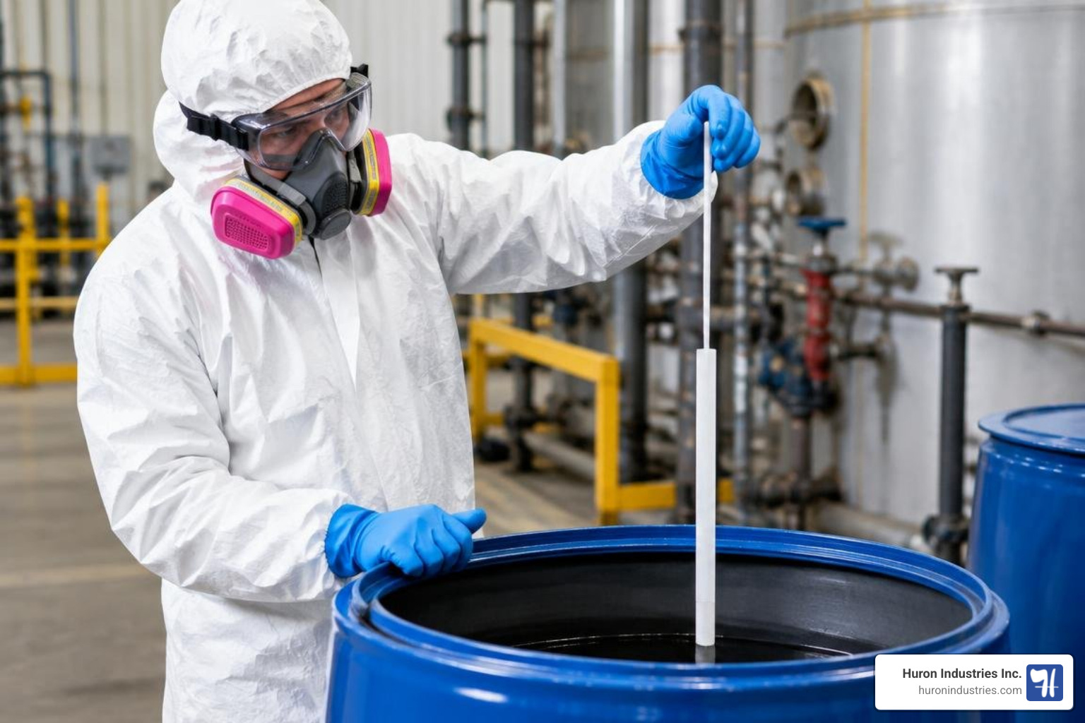 Technician lowering test strip with polypropylene thread into a drum Technician lowering test strip with polypropylene thread into a drum