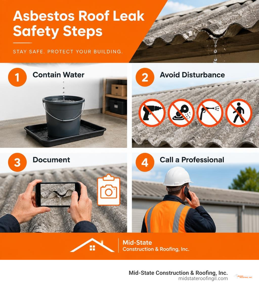 Asbestos roof leak safety steps: contain water, avoid disturbance, document, call a professional infographic Asbestos roof leak safety steps: contain water, avoid disturbance, document, call a professional infographic