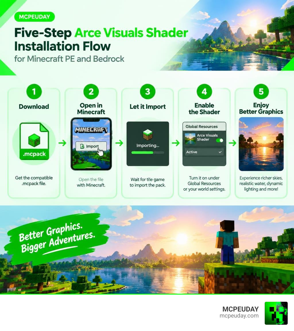 Five-step Arce Visuals Shader installation flow for Minecraft PE and Bedrock infographic