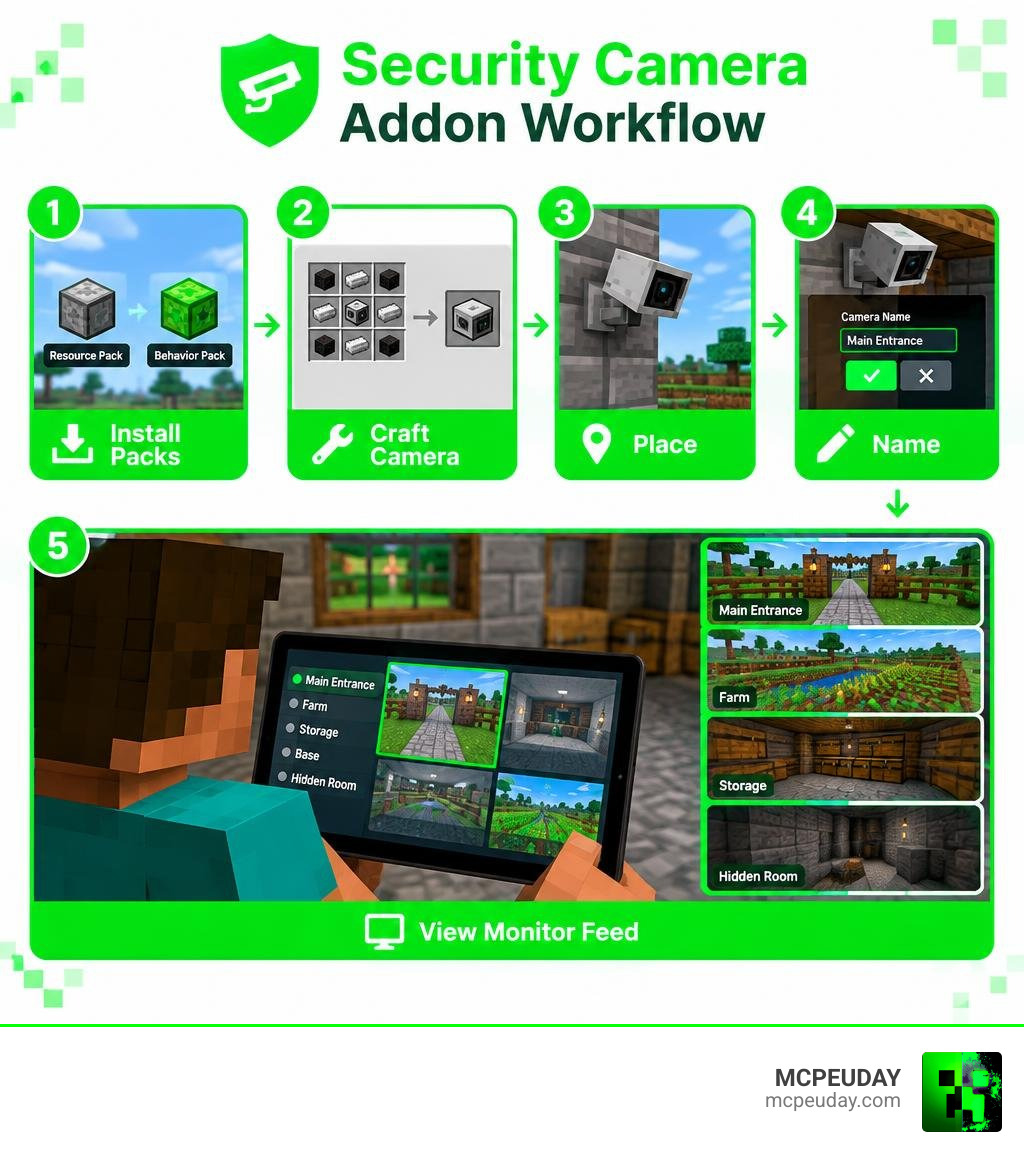 Security camera addon workflow: install packs, craft camera, place, name, view monitor feed infographic Security camera addon workflow: install packs, craft camera, place, name, view monitor feed infographic