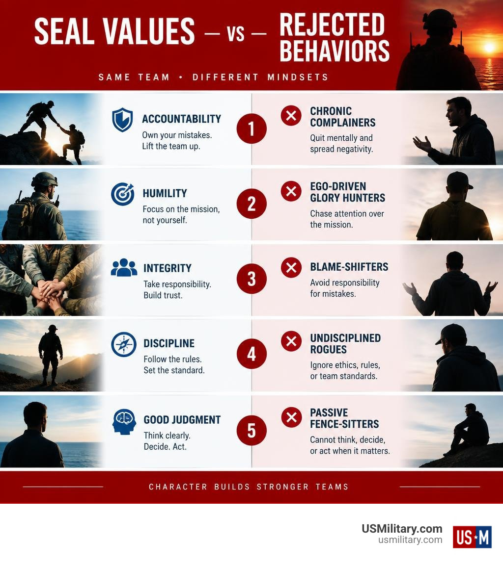 Infographic comparing SEAL values with rejected behaviors infographic Infographic comparing SEAL values with rejected behaviors infographic