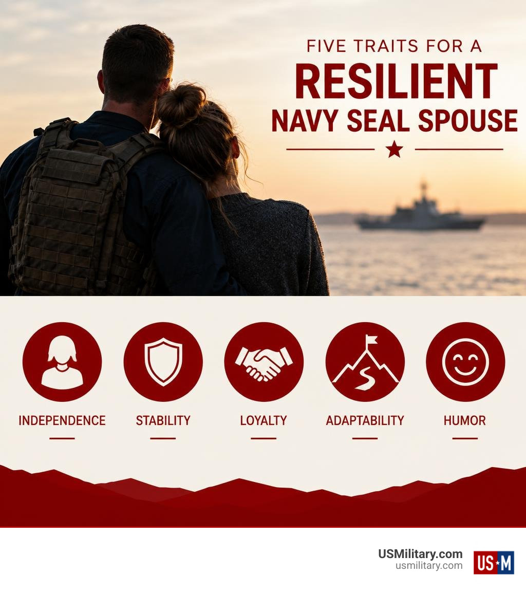 Five traits for a resilient Navy SEAL spouse: independence, stability, loyalty, adaptability, humor infographic Five traits for a resilient Navy SEAL spouse: independence, stability, loyalty, adaptability, humor infographic