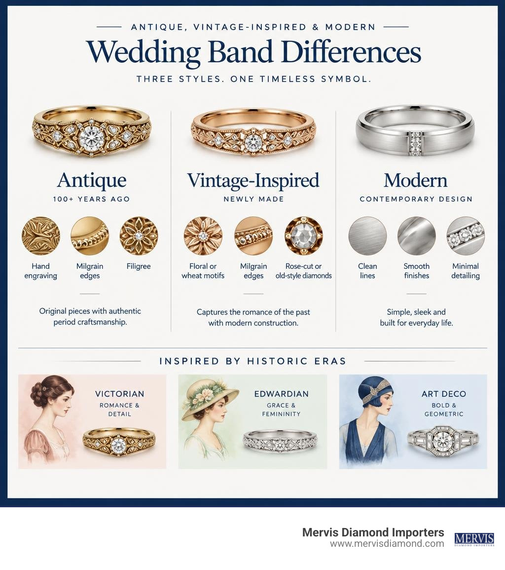 Antique, vintage-inspired, and modern wedding band differences infographic Antique, vintage-inspired, and modern wedding band differences infographic