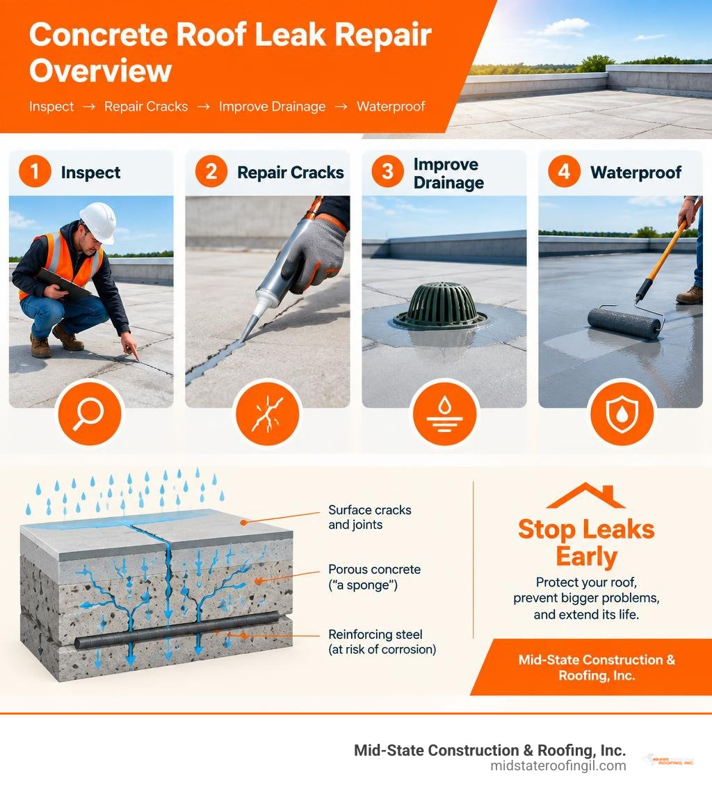 Concrete roof leak repair overview: inspect, repair cracks, improve drainage, waterproof infographic Concrete roof leak repair overview: inspect, repair cracks, improve drainage, waterproof infographic