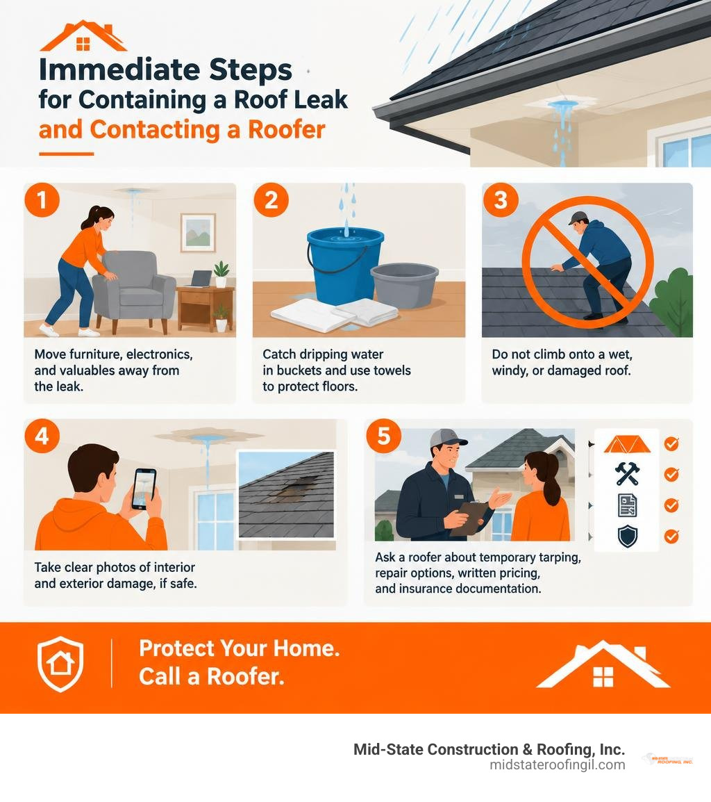 Immediate steps for containing a roof leak and contacting a roofer infographic Immediate steps for containing a roof leak and contacting a roofer infographic