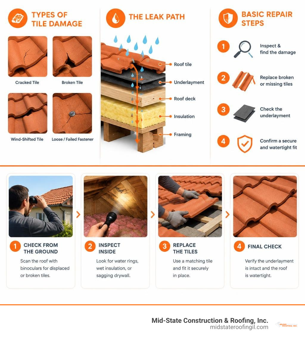Roof tile damage types, leak paths, and basic repair steps infographic Roof tile damage types, leak paths, and basic repair steps infographic
