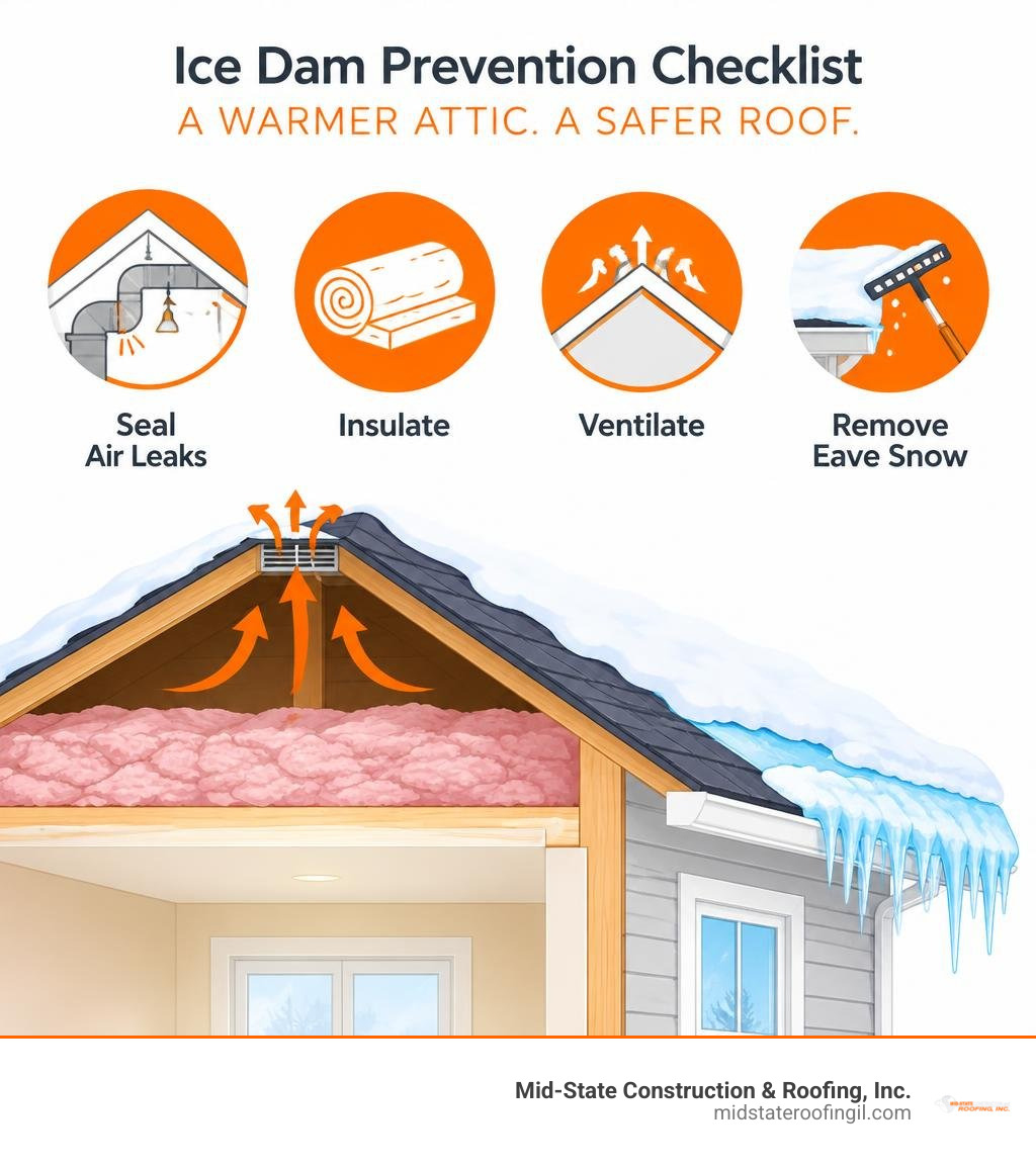 Ice dam prevention checklist: seal air leaks, insulate, ventilate, remove eave snow infographic Ice dam prevention checklist: seal air leaks, insulate, ventilate, remove eave snow infographic
