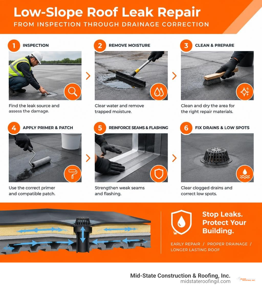 Infographic showing low-slope roof leak repair steps from inspection through drainage correction infographic Infographic showing low-slope roof leak repair steps from inspection through drainage correction infographic