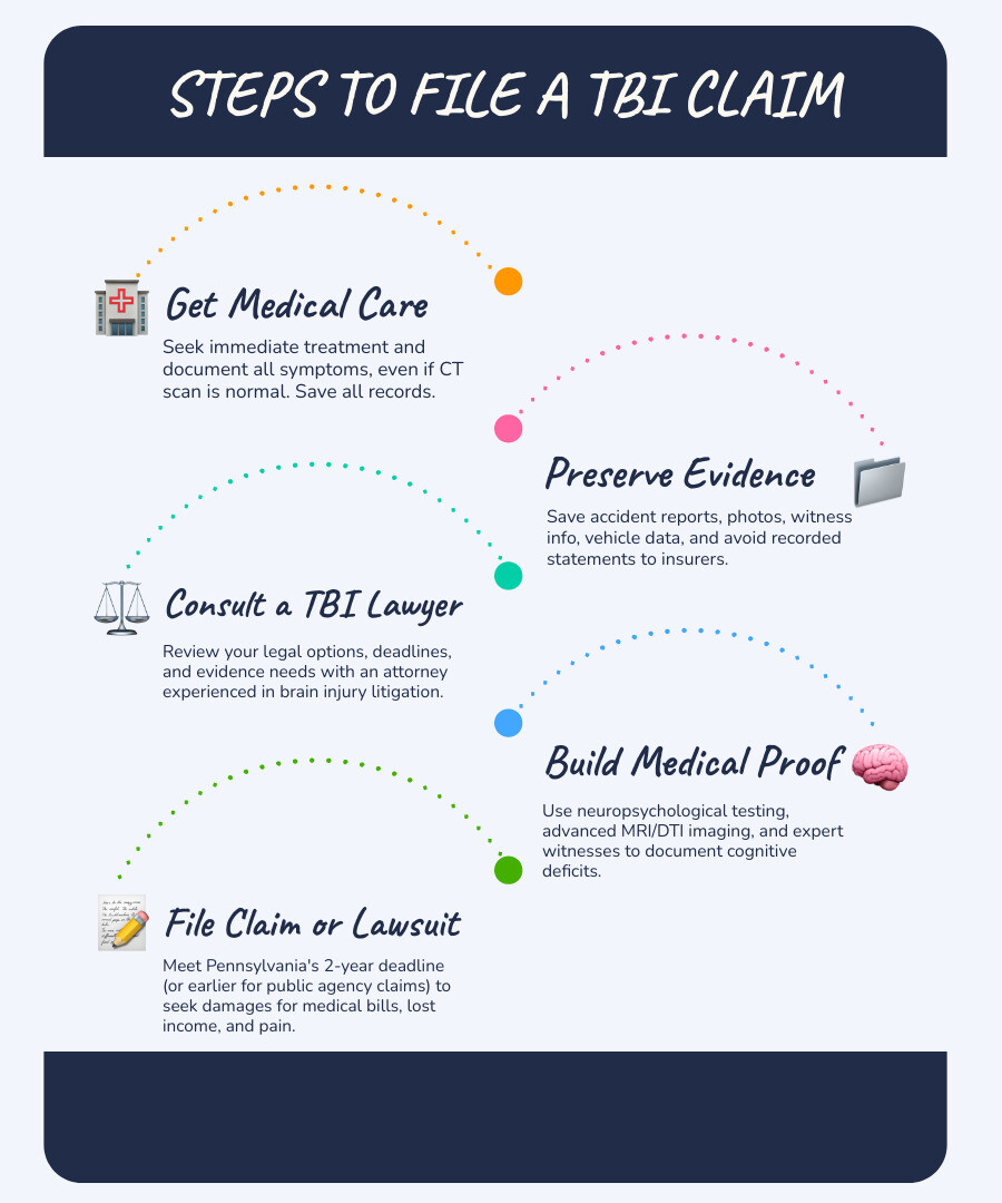TBI claim steps: medical care, evidence, claim review, damages, settlement or lawsuit infographic TBI claim steps: medical care, evidence, claim review, damages, settlement or lawsuit infographic