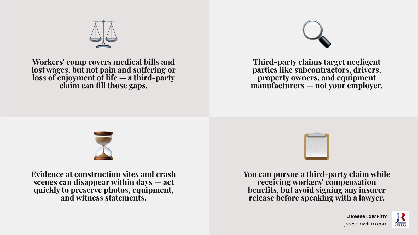 Workers compensation and third party claim comparison infographic Workers compensation and third party claim comparison infographic