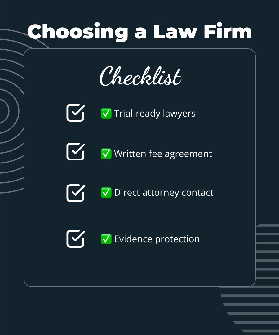 How to choose a personal injury law firm: communication, fees, evidence, trial readiness infographic How to choose a personal injury law firm: communication, fees, evidence, trial readiness infographic